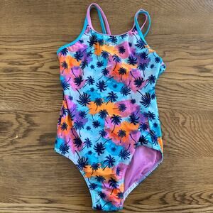 NWOT Speedo Girls LG Palm Tree Splice Racerback One Piece Swimsuit Pink Blue